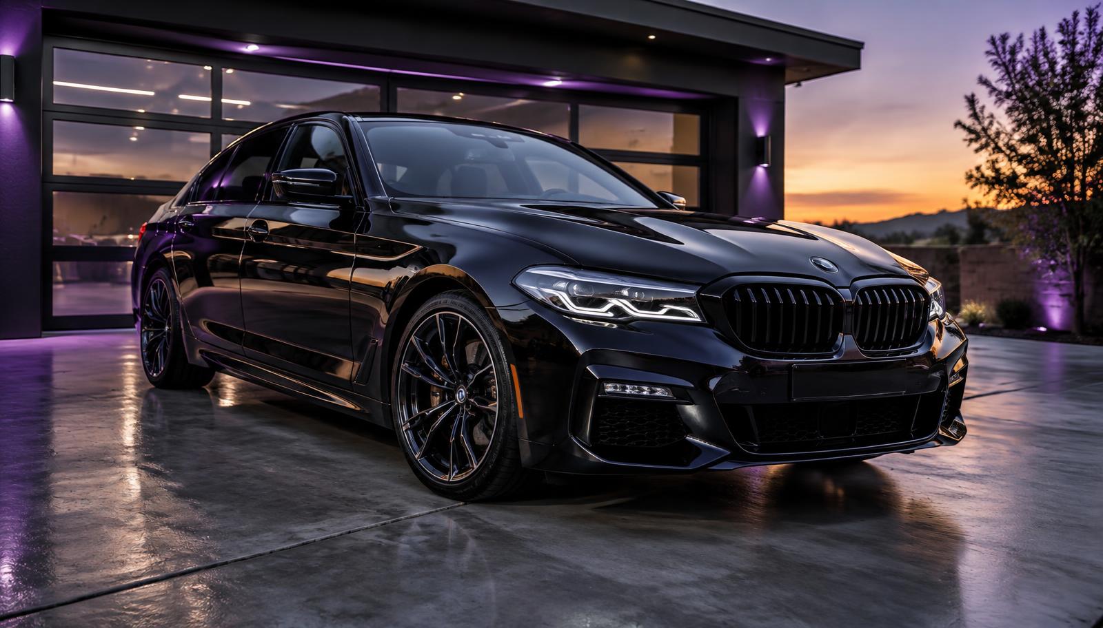 Freshly detailed black luxury sedan outside a modern garage