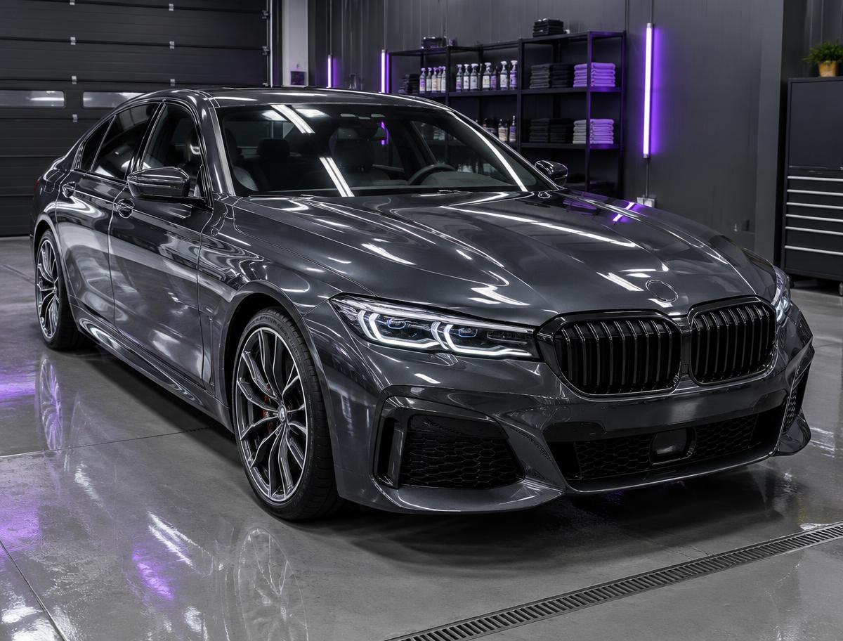 Freshly detailed dark gray luxury sedan