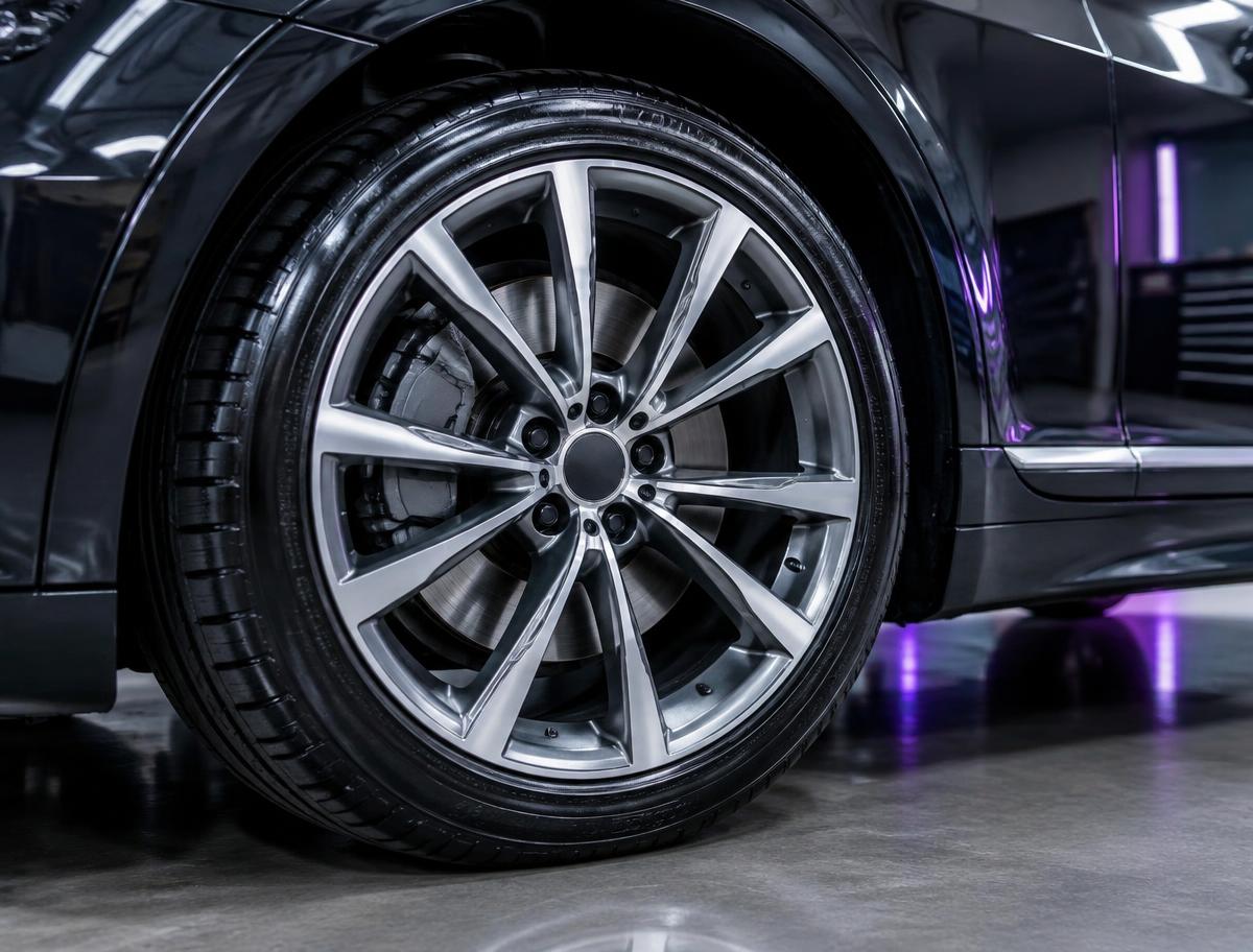 Clean alloy wheel and freshly dressed tire